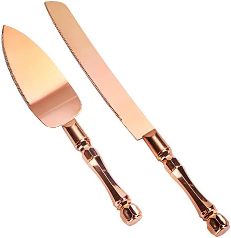 Faca de bolo de casamento e conjunto de servidores, lâminas de ouro rosa em aço inoxidável que servem utensílios de bolo de aço inoxidável.