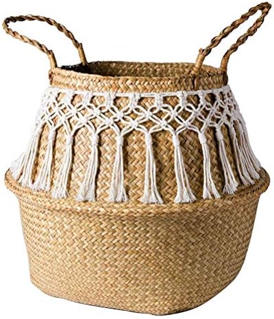 Genérico 32x28cm Fringed Macrame, cesto de cesta dobrável cesto decorativo jardim vaso de vaso de cesta de cesta de casca de casa cesta de lavanderia