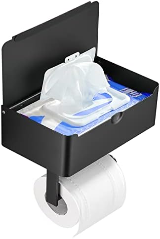 Suporte de papel higiênico com prateleira, armazenamento de papel de papel higiênico preto fosco para banheiro, aço inoxidável