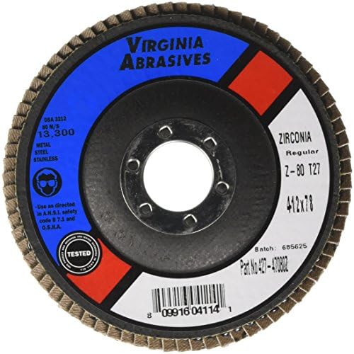 Virginia Abrasives 427-47080Z 4-1/2 x 7/8, 80 Grit, disco de aba de zircônia, se encaixa em todos os moers de mão portáteis