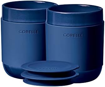 Corelle Stayware 4-pc Conjunto de 2 com tampas, caneca artesanal de viagem artesanal artesanal, grés de esmalte sólido, caneca de café de 13-1/2 onças, Marinha