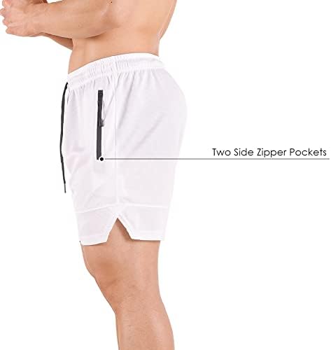 Os shorts de exercícios de 5 da academia masculinos com zíper, shorts atléticos de malha massh de fit seco para executar