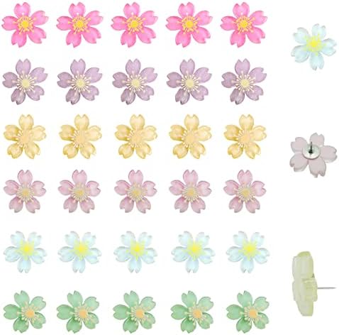 30 PCs translúcidos polegarem o polegar colorido, flores de cerejeira coloridas empurrar pinos de flores decorativas de tampa para