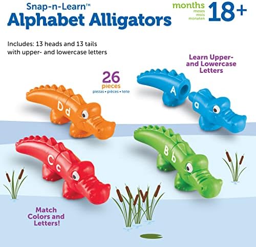 Aprendizando Recursos Alligadores do Alfabeto Snap-N-Learn-26 peças duplas lados, idades mais de 18 meses para crianças aprendendo brinquedos, aprendizagem de alfabetismo para crianças pequenas, brinquedos de aprendizagem pré-escolar