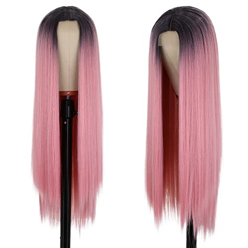 LANSA perucas retas longas para mulheres ombre ombre rosa renda sintética da peruca reta, parecendo perucas naturais de cabelo longo