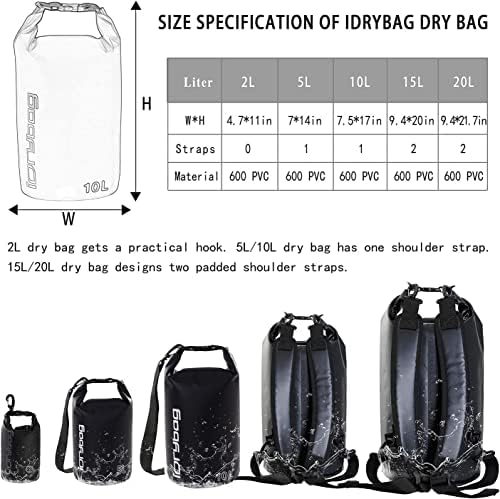 Idrybag Backpack Backpack Saco seco para homens, Mochila seca de bolsa flutuante 2L/5L/10L/15L/20L/30L/40L, Sacos secos à prova d'água para caiaque, passeio de barco, canoagem, rafting, caminhada, acampamento