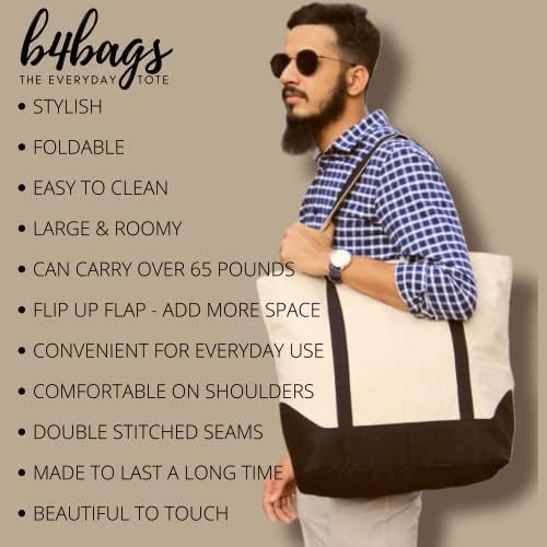 B4bags Bag de lona grande com zíper e bolsos | Saco de viagem dobrável para homens para homens | Bolsas de supermercado reutilizáveis ​​Canvas Utilitário Tote de trabalho pesado Tote sacos