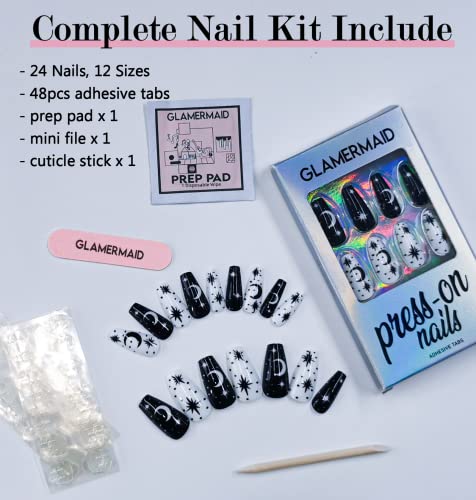 Pressione as unhas de gameraquia curta com unhas falsas com cola de unhas, estrelas brancas preto oval unhas falsas com design de verão, cola no gel de unhas para mulheres, bastão de acrílico reutil