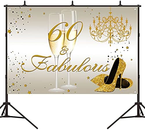 Bellimas Gold and White Sixty e fabuloso cenário Feliz 60º aniversário decoração de 60 anos High Heel Champagne Bornio Props Banner