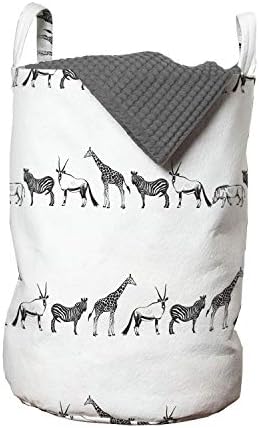 Bolsa de lavanderia de animais de Ambesonne, linha de fauna de estilo monocromático com padrão de antílope de girafa zebra em uma fileira, cesto de cesto com alças fechamento de cordão para lavanderias, 13 x 19, carvão cinza branco