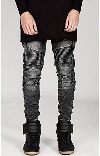 Andongnywell homens no meio da cintura plissada destruída motociclista skinny jeans rasgado com zíper deco