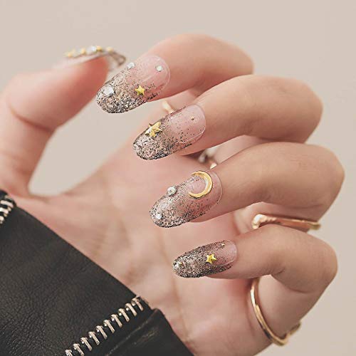 Protuster oval unhas falsas GLITTER Pressione em unhas falsas com pregos de estrela da lua capa completa acrílica Festa de Natal Prom para mulheres e meninas 24 PCs