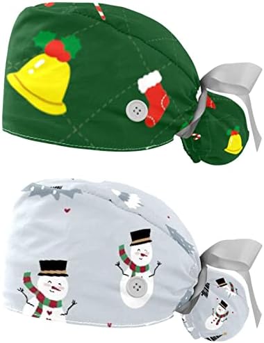 2 pacotes Caps de trabalho ajustáveis ​​Bouffant com botão com botão Trecy Trey Back Screbs Hats Women Christmas Bell