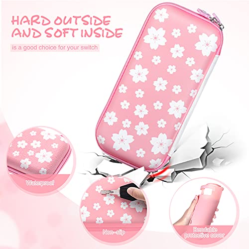 Threan 10 peças Pink Sakura Protetive Case Caso fofo compatível com acessórios para interruptores Nintendo e bolsa