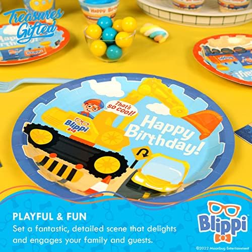 Tesouros Gifted Blippi Birthday Party Supplies - Serve 24 convidados - Blippi Vehicle Dinnerware Classic Set - Blippi Party Supplies, incluindo placas de Blippi, Copos Blippi e guardanapos Blippi