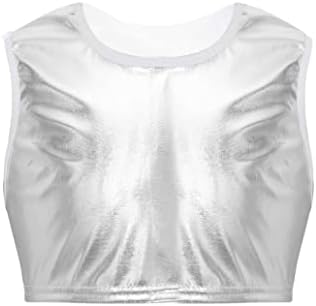 Jizyo Youth Girls Girlas Metálicas Jazz Metálico Hip Hop Dance Crop Top Manguesst Tank Top Top dança Desempenho de dança Silver 8-10 anos