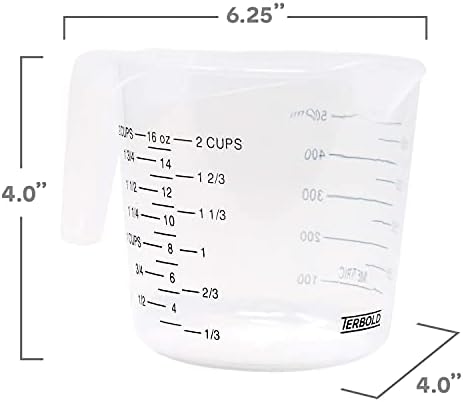 Terbold 3pc Medição de copo de copo em plástico transparente com alças longas - 1 xícara, 2 xícara, 1 tamanhos de quart