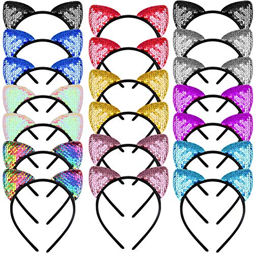 Wxj13 20 peças orelhas de gato faixas para a cabeça reversível bandana de lantejoulas fofas de gato