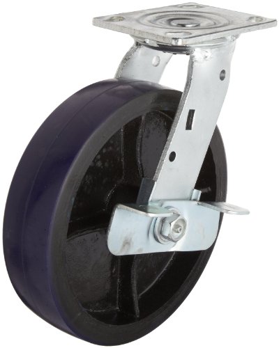 RWM Casters 46 Série Plate Caster, giro com freio, uretano na roda de ferro, rolamento de rolos, capacidade de 700 libras, comprimento