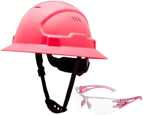 Capacete de hard -chapéu rosa OSHA aprovada pela abra de largura de segurança rosa Chapéus rosa para mulheres com óculos de segurança, Cascos de construccion Work HARDHAT, SISTEMA DE RATCHETING DE 6 PONTOS