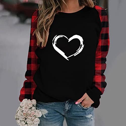 Camisas de namorado para mulheres gnomos fofos estampa de coração de manga longa de manga longa búfalo xadrez raglan túnica blusa de túnica