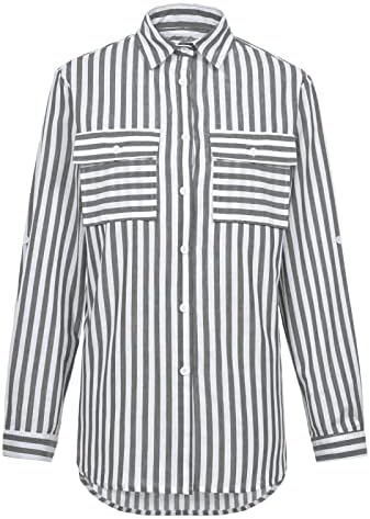 Tops de verão para mulheres 2023 camisas de manga longa da moda Blot de lapela listrada Blouse de linho de algodão com bolsos