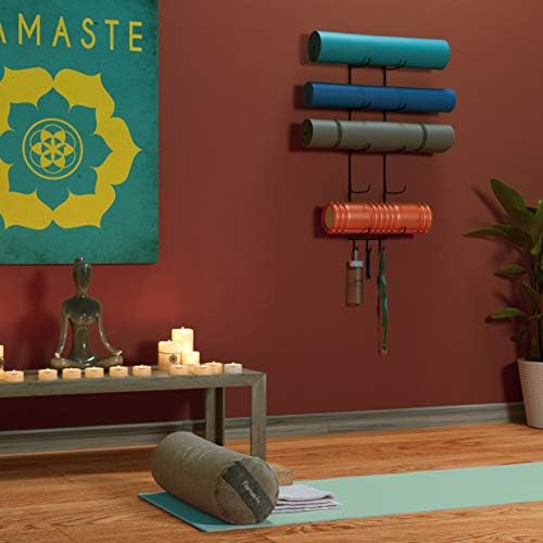 Wallniture Guru Yoga Matt Holder Mount com 3 ganchos para pendurar cinta de ioga, bandas de resistência, metal de 5 seções