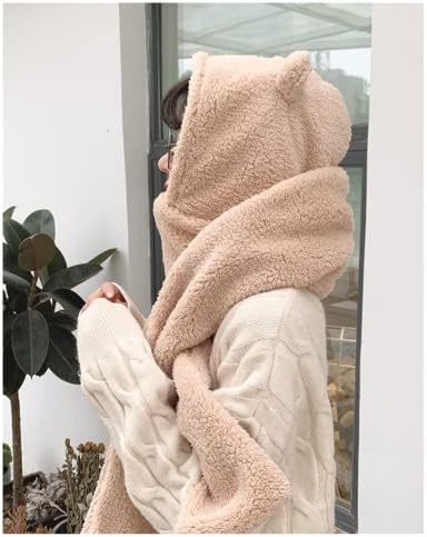 Mulheres Kawaii Urso Ear gorro Lenço 2 em 1 - Inverno fofo Sherpa espessa lã Fuzzy japonês fofo malha de chapéu de chapéu