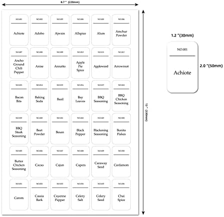 6 folhas de cozinha especiarias pré -impressas + adesivos graváveis ​​texto preto em etiquetas brancas impermeabilizada