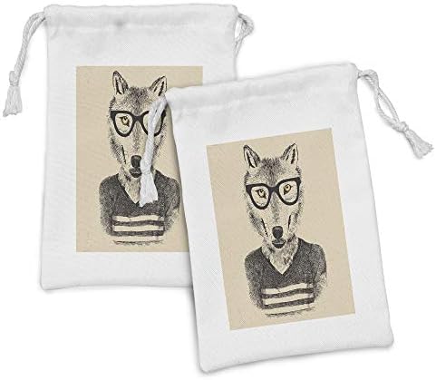Ambesonne Hipster Fabric bolsa Conjunto de 2, desenho à mão Retrato de design de lobo feliz em camiseta e óculos
