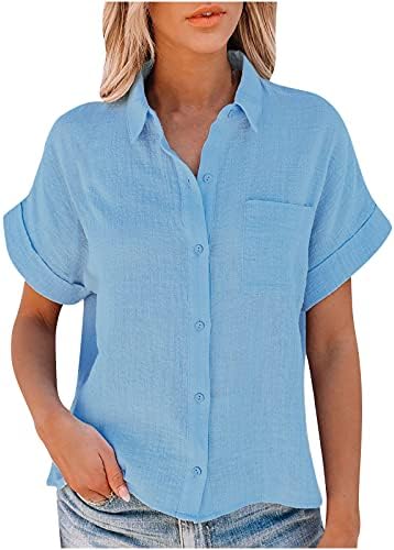 Camisa de algodão e linho feminino de manga curta botão de lapela para cima blusas v pescoço túnicos casuais colorido