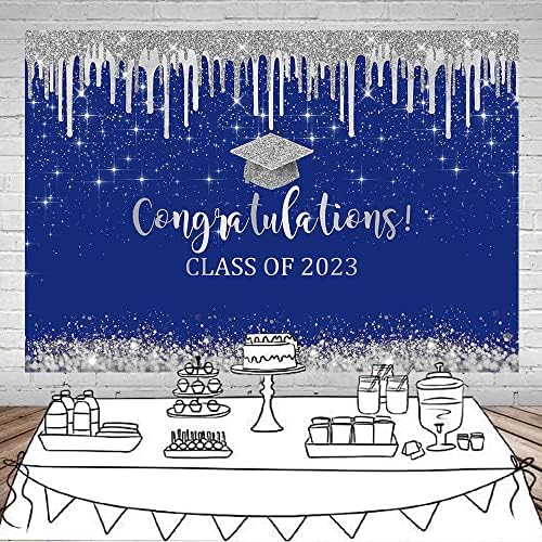 Mocsicka Blue e Silver Graduação Caso -cenário Parabéns Classe de 2023 Antecedentes de fotografia Vinil 2023 Decorações de festa de graduação Parabéns parabéns bandeira de mesa de bolo