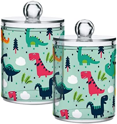 Dinossauros Cartoon Cotton Swab Porta de banheiro Recipientes de banheiro Jars com tampas conjuntos de algodão Round Bolder Round Solder para cotonetes de algodão Sais de banheira de algodão Armazenamento de banheiro Organizador, 2 pacote