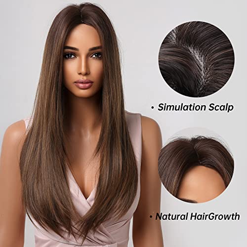 Allbell Brown Wigs for Women Women Longa Longa Parte do Cabelo Sintético de Camadas Naturais