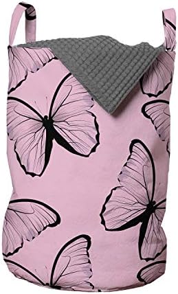 Bolsa de lavanderia de borboleta de Ambesonne, ilustração rítmica das mariposas voadoras da primavera feminina, cesta de cesto com alças fechamento de cordão para lavanderias, 13 x 19, cinza de carvão rosa pálido