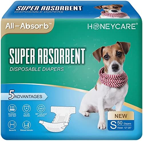 Honey Care All-Absorb Dispositable Dog Fregers S, Melhorado, 50 contagem, super absorvente, respirável, indicador de umidade