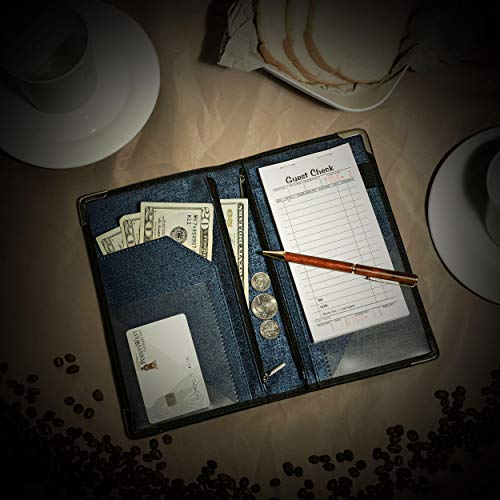 Livro do servidor Golgino para garçonete e garçom 9 x 5 polegadas, dois bolsos com zíper e suporte de identificação, carteira de organizador