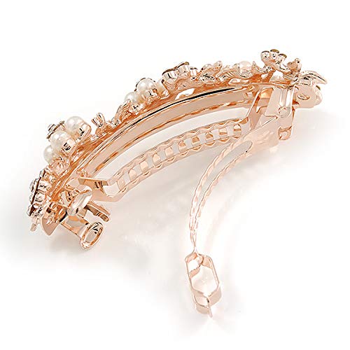 Bridal Weddal Prom Rose Gold Tom simulado Pearl diamante Floral Barrette Hair Clip Grip - 80mm