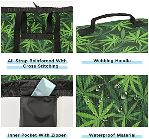 Hjjkllp Weed Green folhas de lavanderia estampa de lavanderia grande mochila de roupa pesada com tiras de ombro bolsa à prova d'água para o acampamento de viagem Organizador de roupas sujas para estudantes universitários