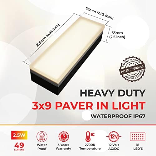 Luminagem de pavimentação lúmica 3 × 9 polegadas, iluminação quente e sem brilho branco para calçadas, caminhos, deck de piscina