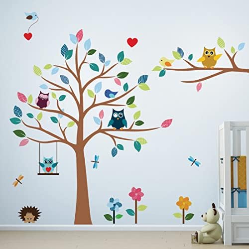 Caixa de arte de madeira alegre decoração de parede de berçário de safari - decalques de parede da selva da floresta com corujas e árvores - adesivos de animais fofos para o quarto de crianças, meninos e garotas, quarto de aula e decorações de creche