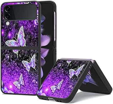 Ook Samsung Galaxy Z Flip 4 Case Glitter Glitter roxo Butterfly Nebula Space Design Hard PC+Soft TPU Bumper Anti-Slip Ultra