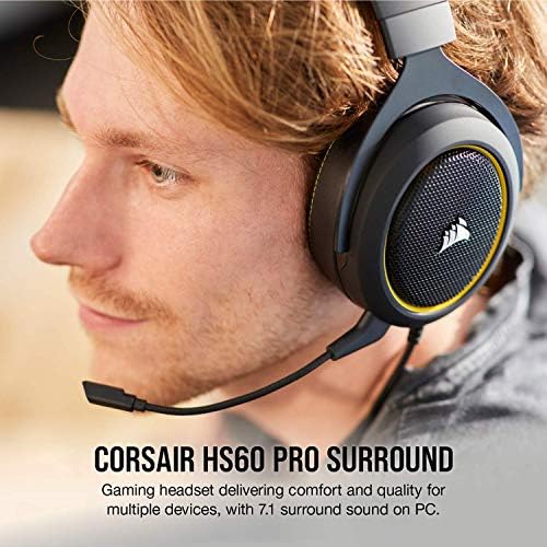CORSAIR HS60 PRO - 7.1 fone de ouvido de jogos de som virtual de som surround com fones de ouvido certificados por DAC - Discord - compatíveis com o switch Xbox One, PS4 e Nintendo - amarelo