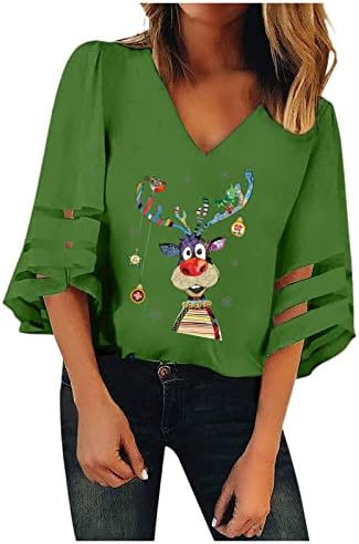 Camisas de Natal para Mulheres Melhor Feio de Mesh de Mesh de Recada V Feia Tops de Solto Papai Noel Papai Noel Blushs