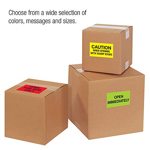 Lógica de fita Aviditi 3 x 5, Abra o primeiro adesivo de aviso amarelo fluorescente, para remessa, manuseio, embalagem e movimentação