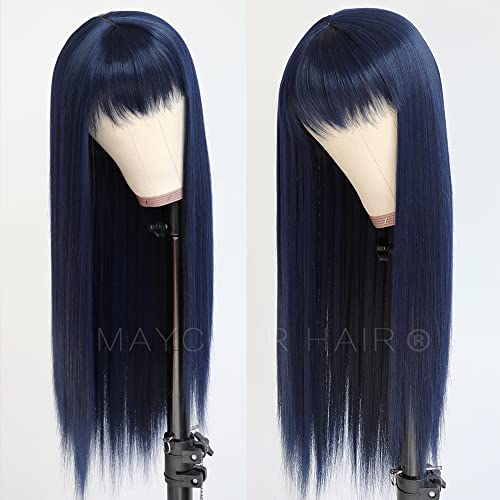 Maycaur azul sintético perucas com franja completa longa reta feminina resistente a calor sintético sem perucas de