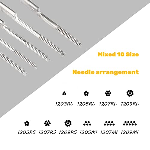 100pcs CINRA Tips and Needles, 50Pcs Mixed Tips and 50Pcs Needles Round Liner and Shader Needle Traditional Needles Long Bar Needle