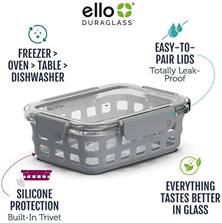 Conjuntos de preparação para refeições de Ello DuraGlass- recipientes de armazenamento de alimentos de vidro com mangas de silicone e tampas plásticas sem BPA, lava-louças, microondas e resumo do freezer