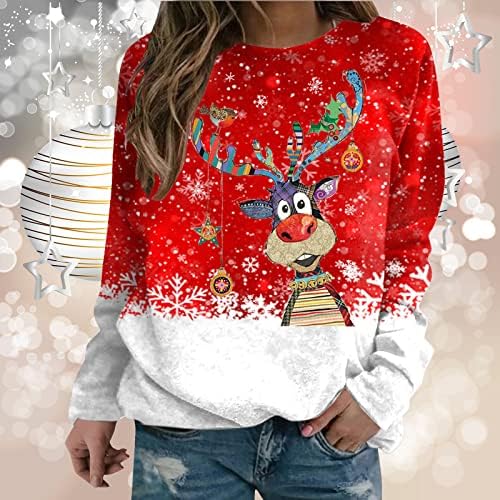 Camisas de Natal de Beuu para mulheres alces e flocos de neve imprimem jumpers soltos sufadas casuais de manga longa