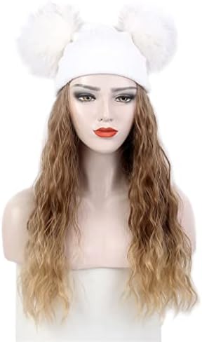 Shzbcdn Hair e chapéu de um chapéu de malha branca Wig WiG WINT WILL BRONH CHAPA DE PERUDENTE HOL